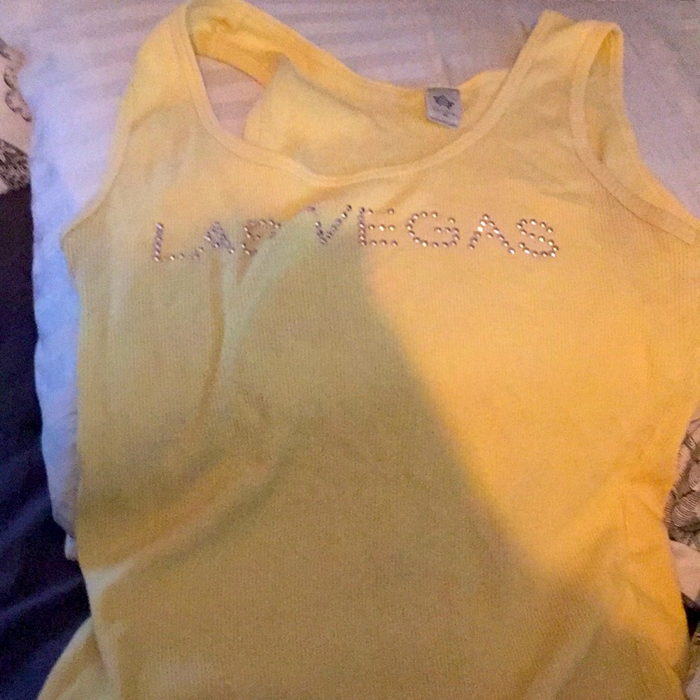 Yellow Las Vegas ribbed tank top. Rhinestone letters.
